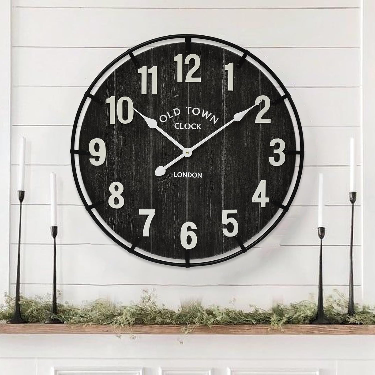 Large Old Town Farmhouse Wall Clock – 24 Inches Rustic Antique Wood with Metal Circle and Large