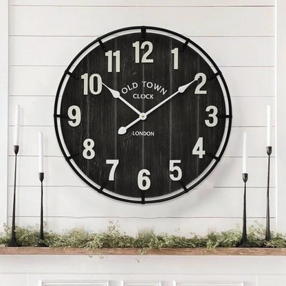Large Old Town Farmhouse Wall Clock – 24 Inches Rustic Antique Wood with Metal Circle and Large
