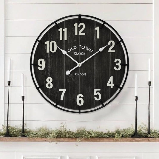 Large Old Town Farmhouse Wall Clock – 24 Inches Rustic Antique Wood with Metal Circle and Large