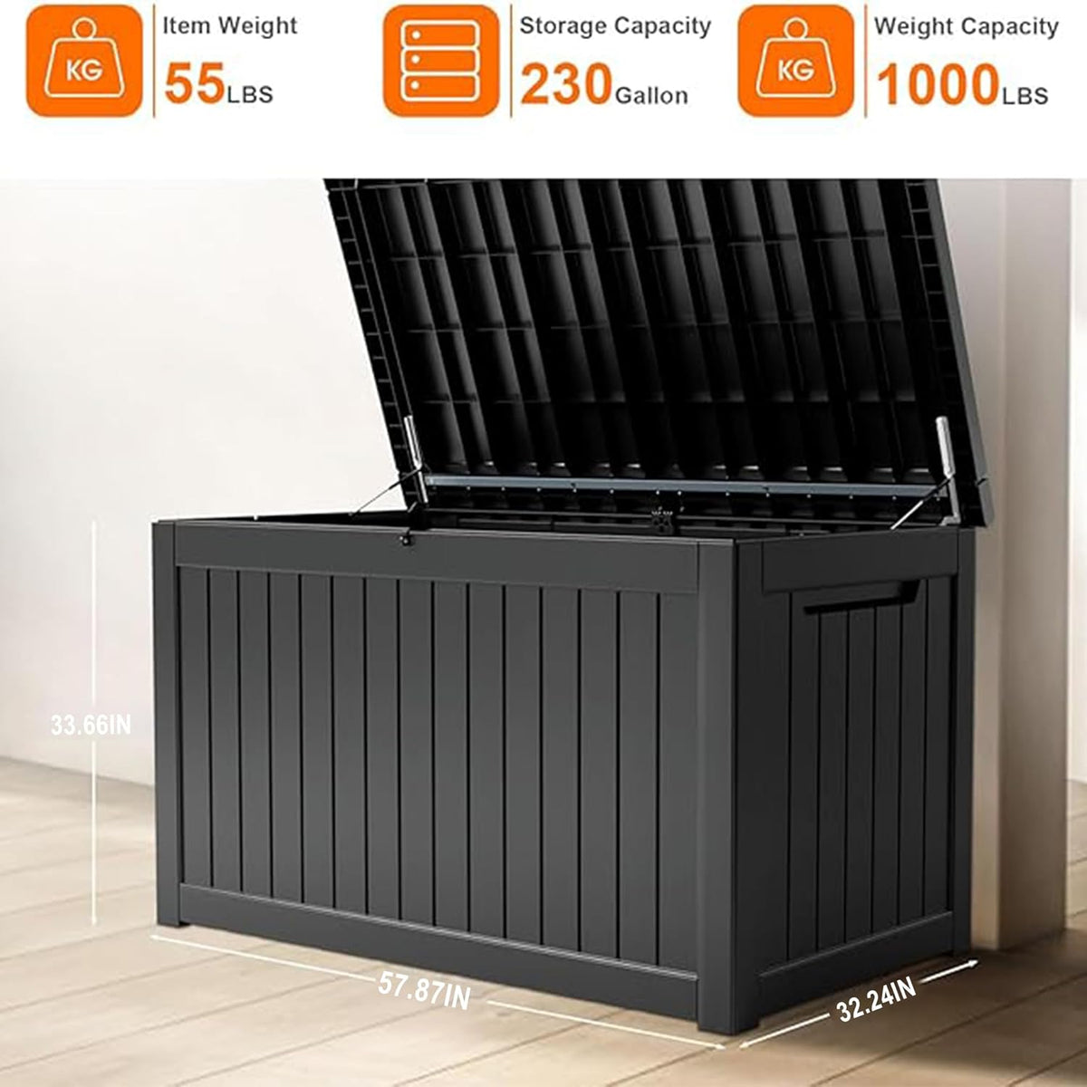230 Gallon Resin Deck Box, Lockable Patio Outdoor Storage Box for Furniture, Garden Tools and Tools