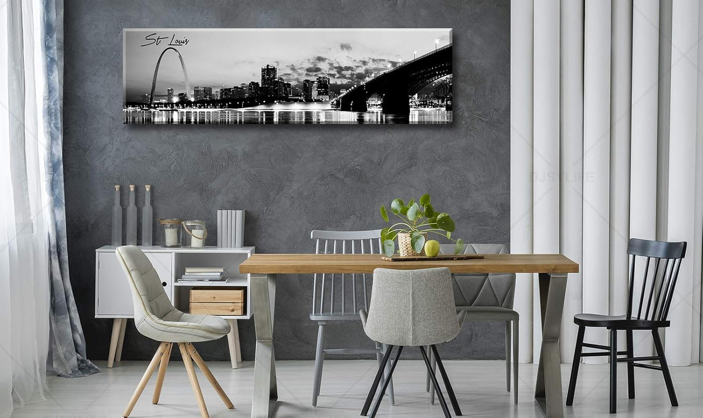 DJSYLIFE Panoramic St. Louis Skyline Wall Art Cityscape Picture Black and White Canvas Print Night