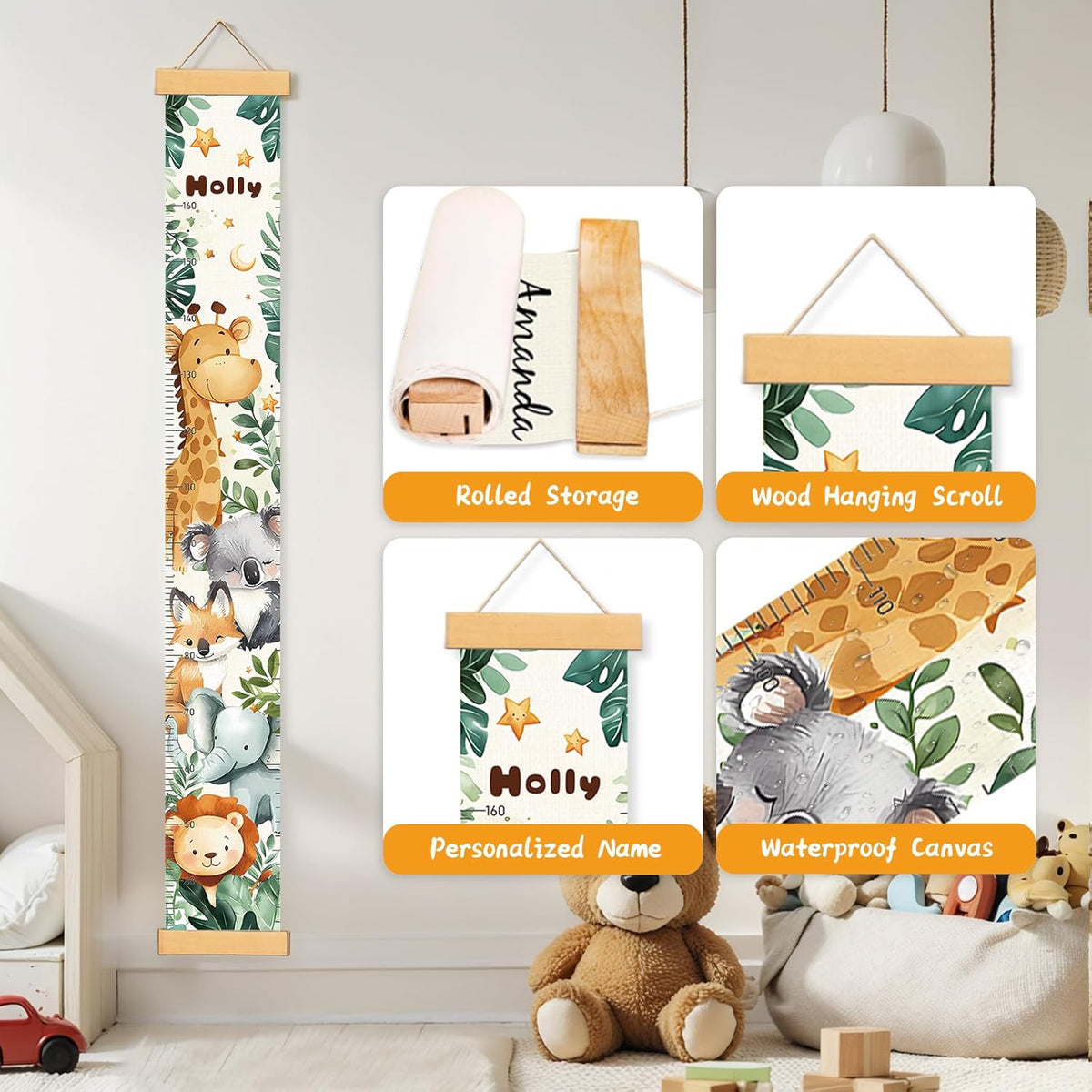 Personalized Name Growth Chart Wall Decor for Kids – Canvas Removable Height Chart Measuring Ruler