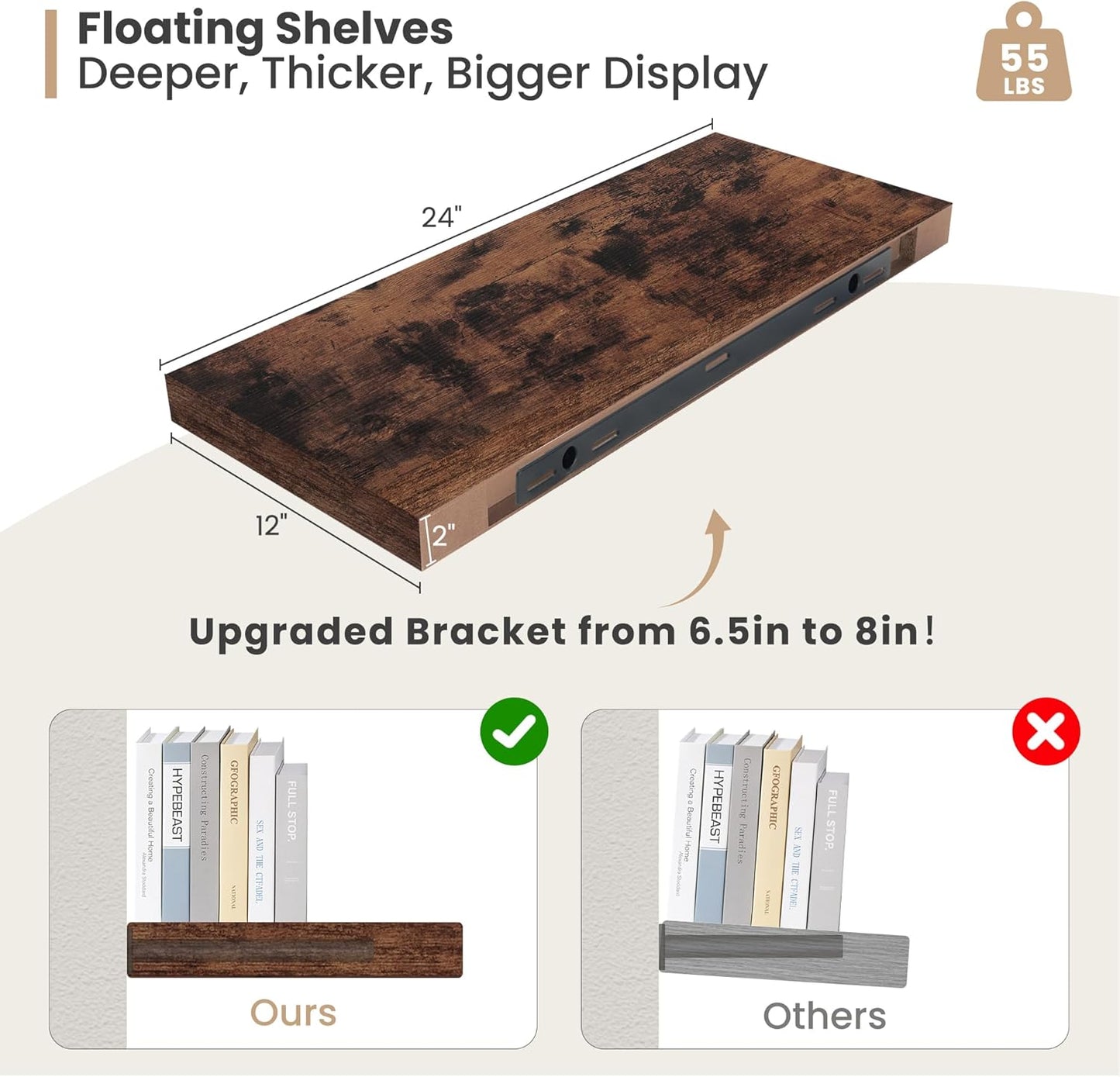Heimlove 24 x 12 Inch Deep Floating Shelves Wall Mounted with Invisible Brackets,Storage Hanging