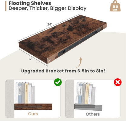 Heimlove 24 x 12 Inch Deep Floating Shelves Wall Mounted with Invisible Brackets,Storage Hanging