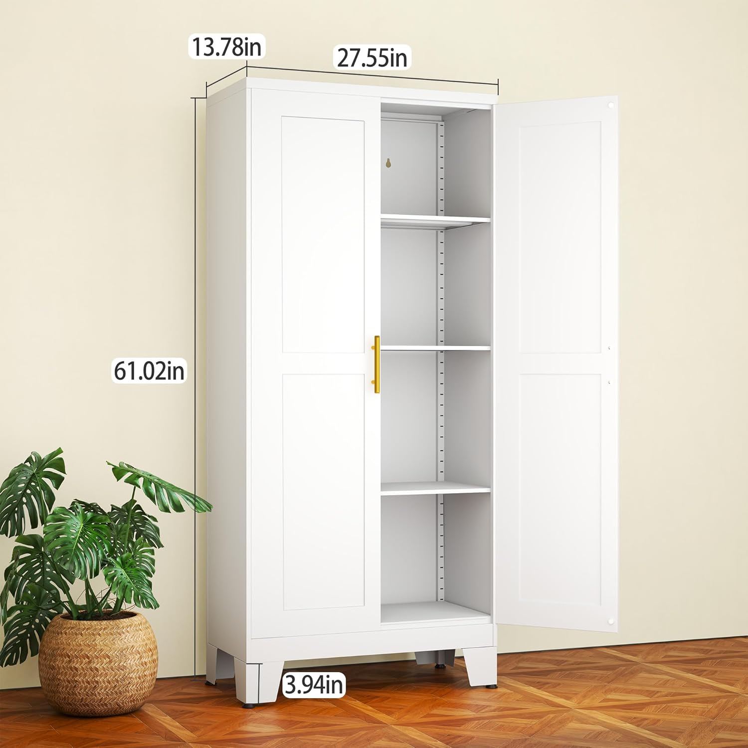 White Metal Storage Cabinet, 61" Steel Cabinets for Home Office, Kitchen Pantry Storage Cabinet