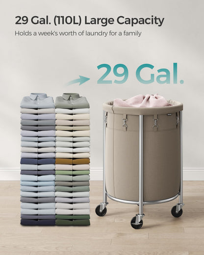 SONGMICS Laundry Basket, Rolling Steel Frame with 2 Locking Wheels, 110 L