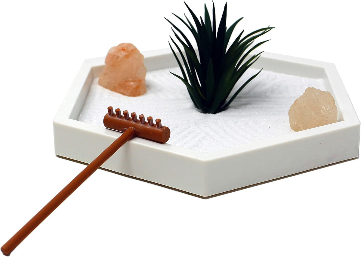 Nature's Mark Mini Zen Garden Kit for Desk with White Sand, Rake, White Base, Salt Rock and Air