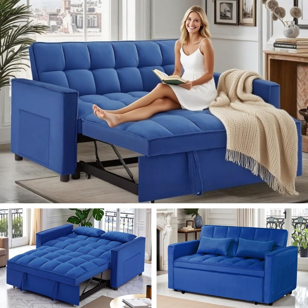 3 in 1 Sleeper Sofa Bed, Futon Sofa Bed for Living Room with Side Pocket, Blue Sleepers Sofas Couch