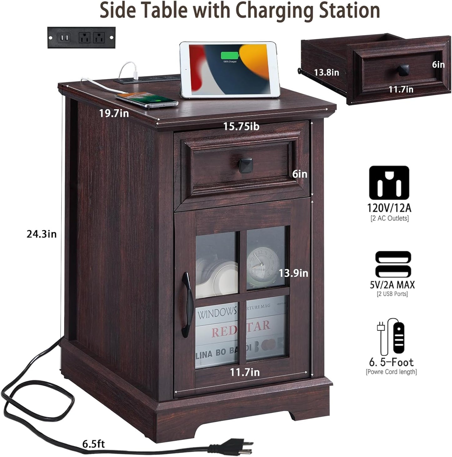 Farmhouse XXL End Table with Charging Station, Side Table with USB Ports and Outlets, Nightstand