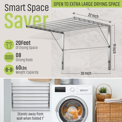 Smartsome | Wall Mounted | Clothes Drying Rack | 30" Wide | 20 Linear Feet Capacity | 8 Smooth