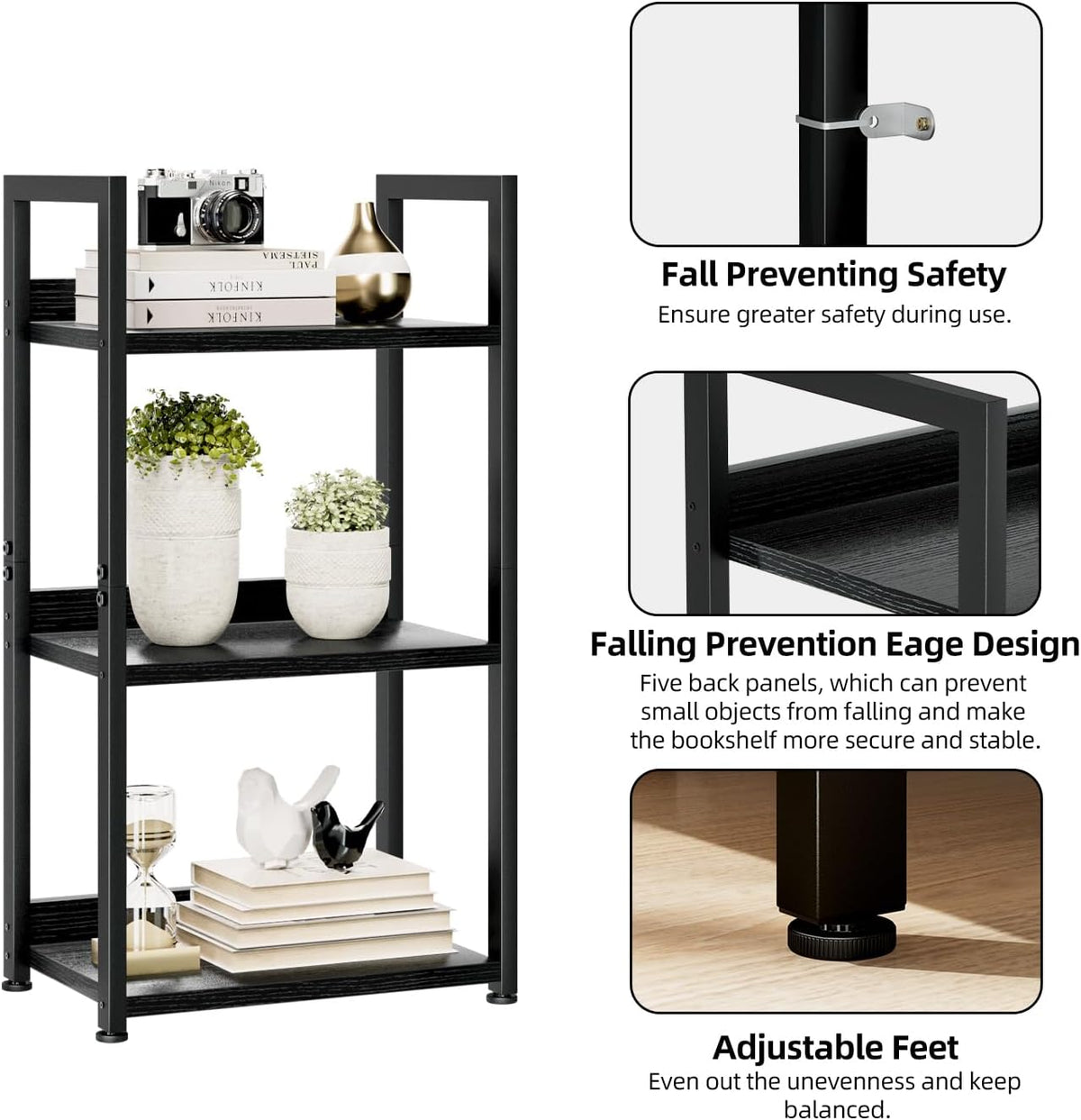NUMENN Narrow Bookshelf, 3 Tier Bookshelves, Home Office Bookcase Shelf Storage Organizer, Free