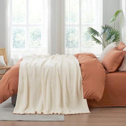Snuggle Sac Cream Bedding Blankets Queen Size 90x90 inches, Reversible Microfiber Fluffy Fuzzy Soft