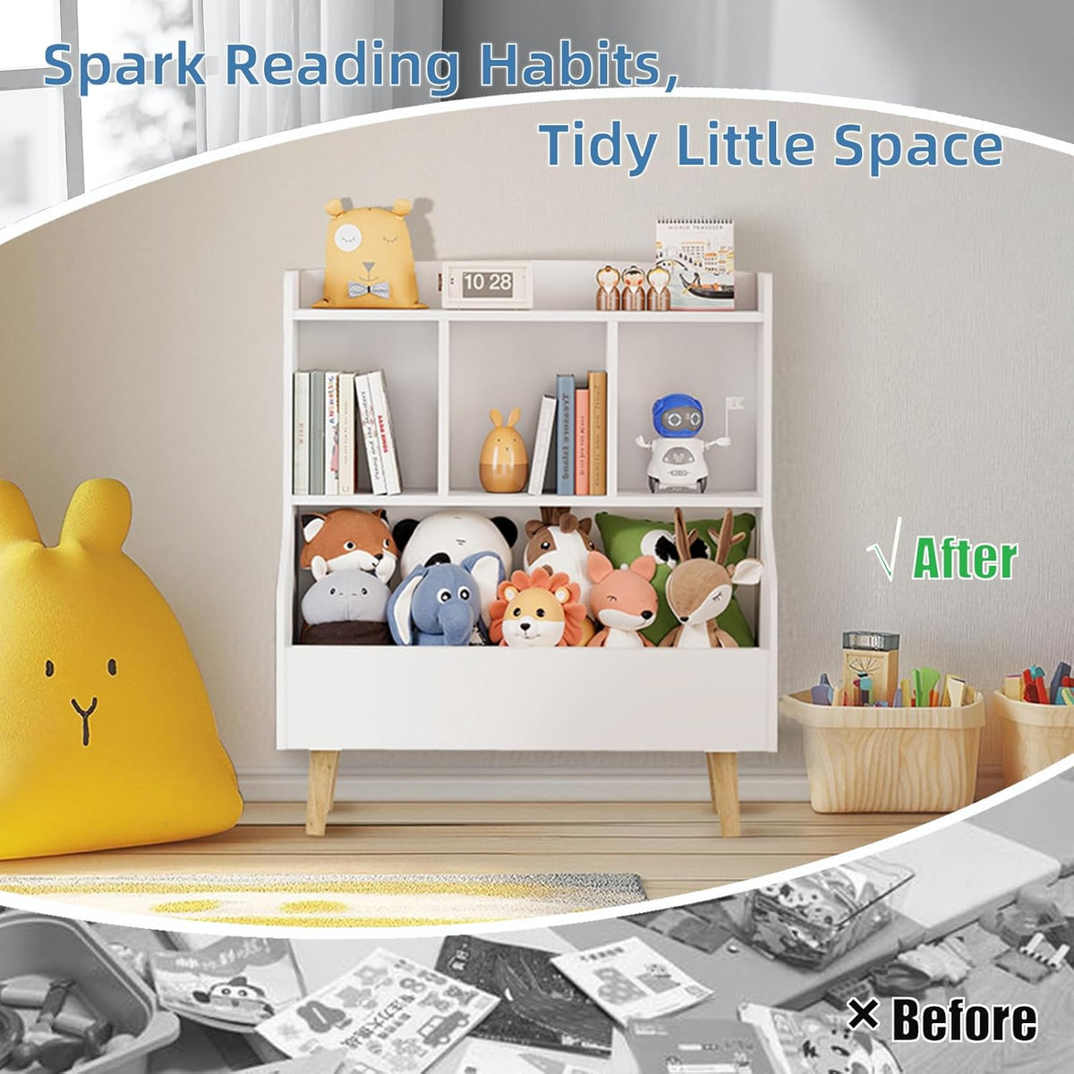Kids Bookshelf and Toy Storage, 4-Cubby Toy Storage Organizer with Bookcase, Wood Kid Storage