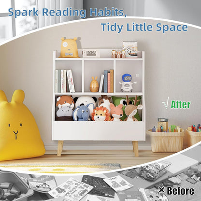 Kids Bookshelf and Toy Storage, 4-Cubby Toy Storage Organizer with Bookcase, Wood Kid Storage
