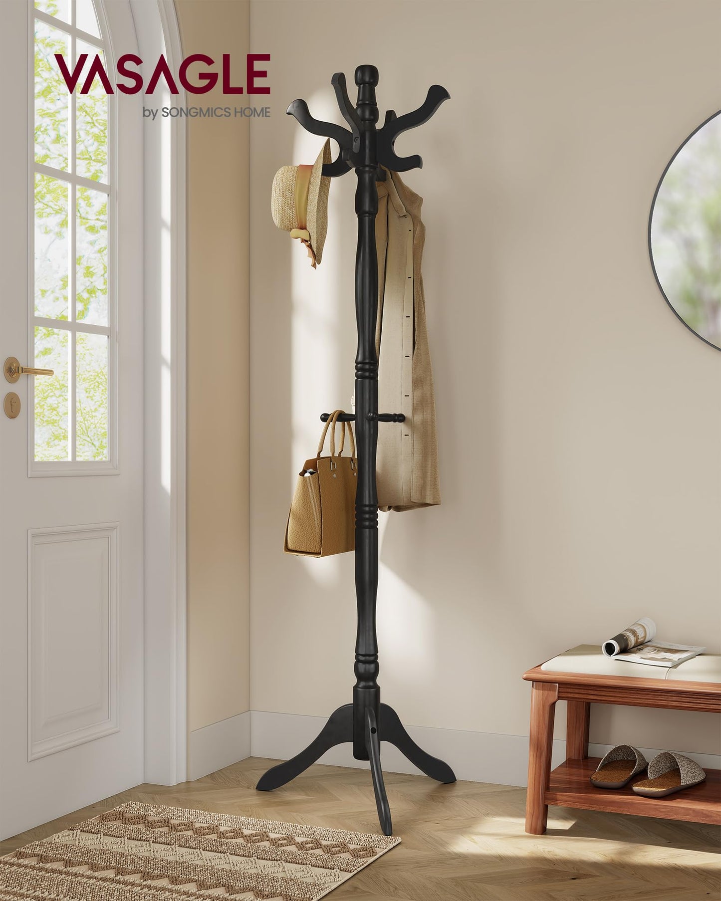 VASAGLE Freestanding Coat Rack, Rubber Wood Coat Tree with 11 Hooks