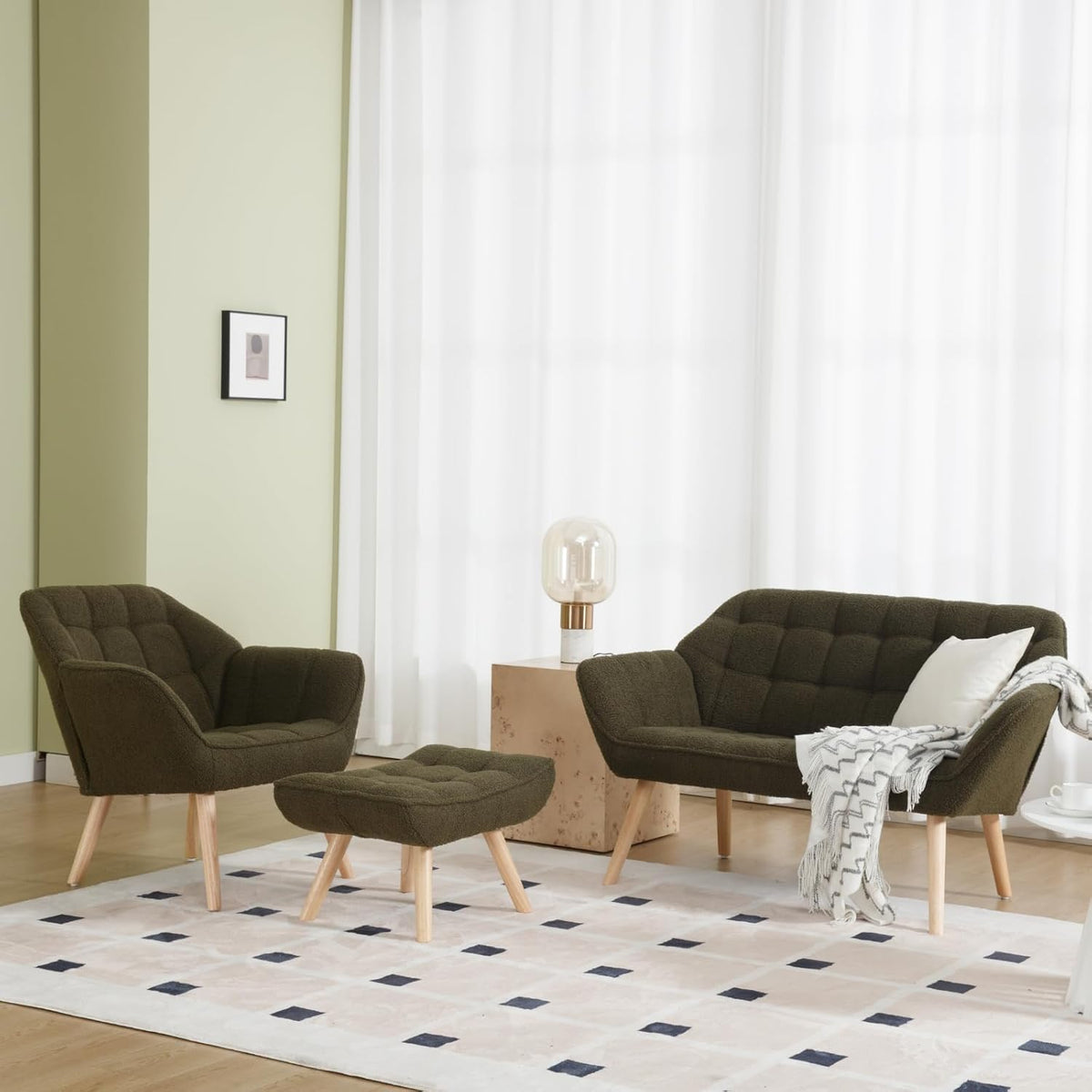 Green Sherpa Accent Chair with Ottoman ，Modern Reading Chair with Ottoman Set, Comfy Fuzzy Armchair