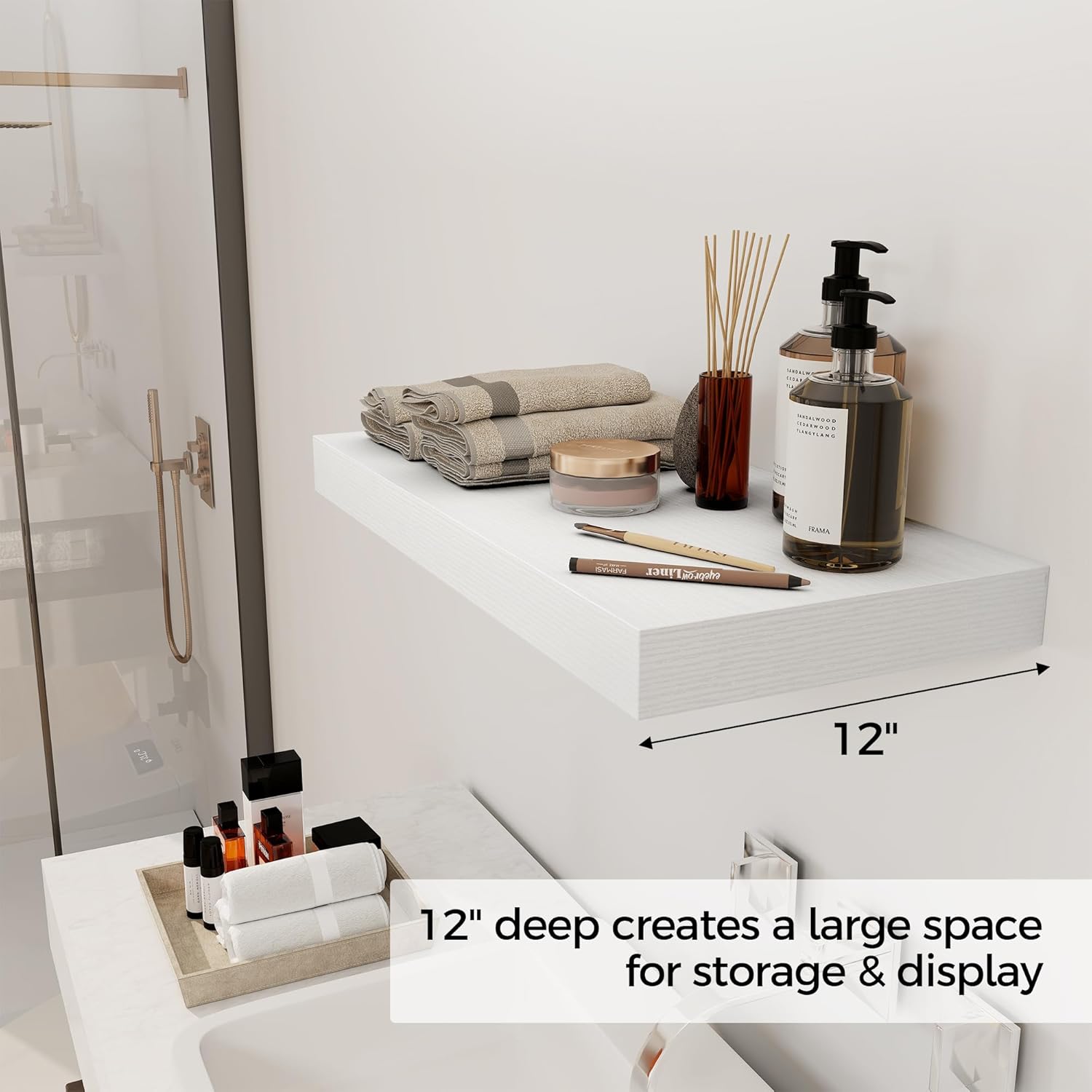 12 Inch Deep White Floating Shelves, 24 x 12 Floating Shelf for Books, Rustic Wood Deep Wall