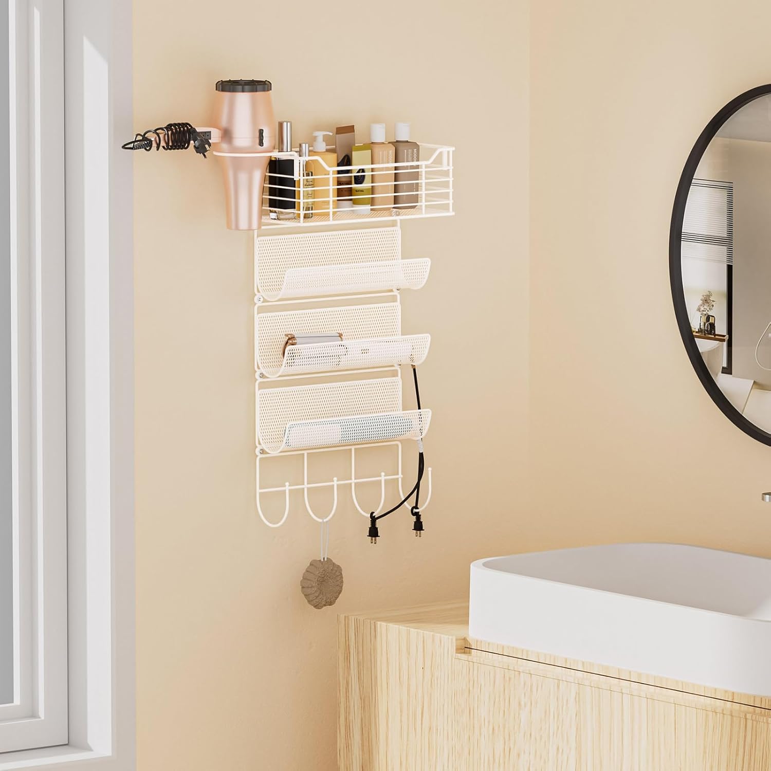 VITVITI Metal Hair Tool Organizer Wall Mount, Hair Dryer Holder with 4 Tier Shelf Basket Hooks