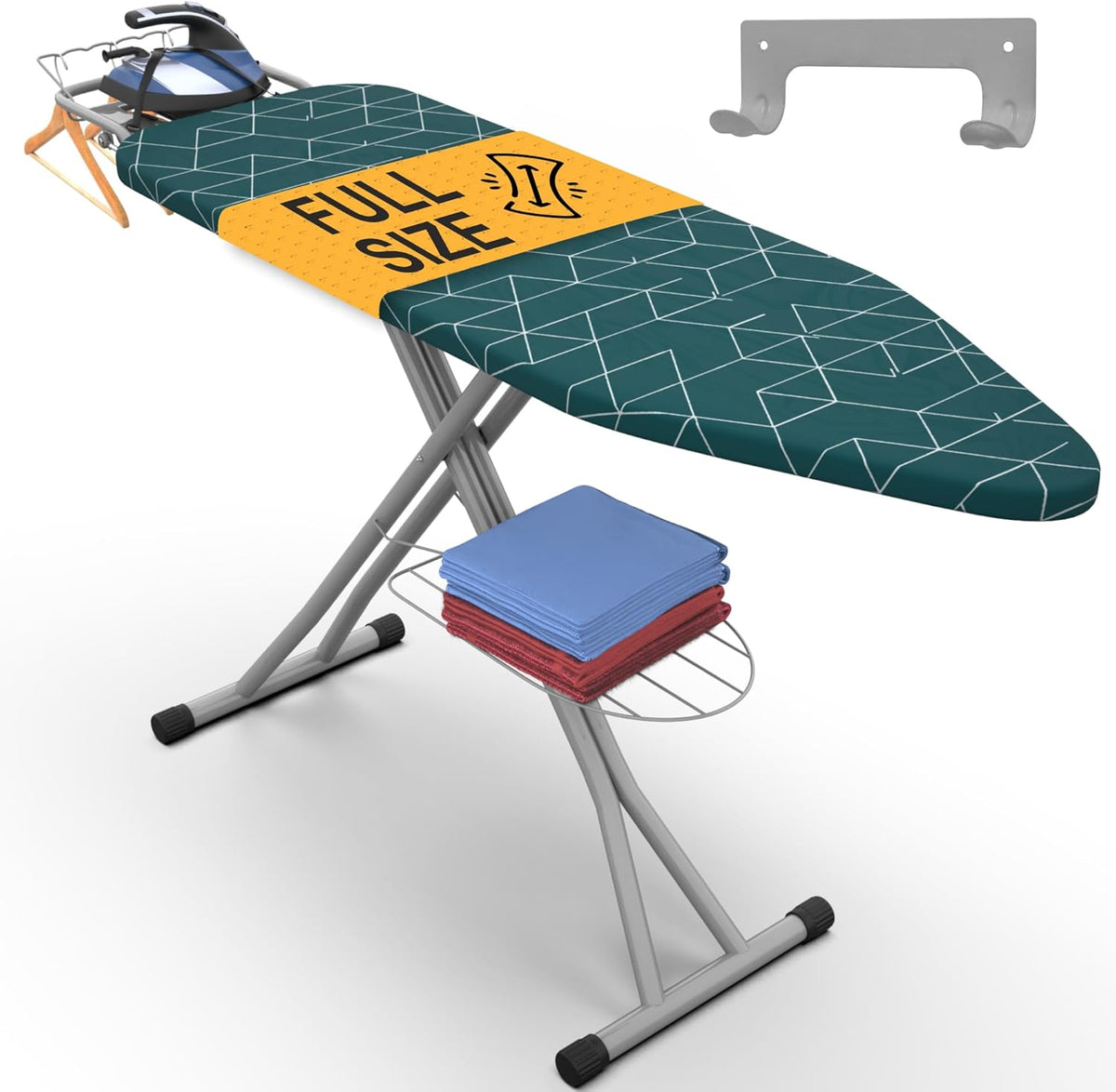 Xabitat Full Size Ironing Board 57" X 15" with Wall Mount Hanger, Full Metal Construction Iron