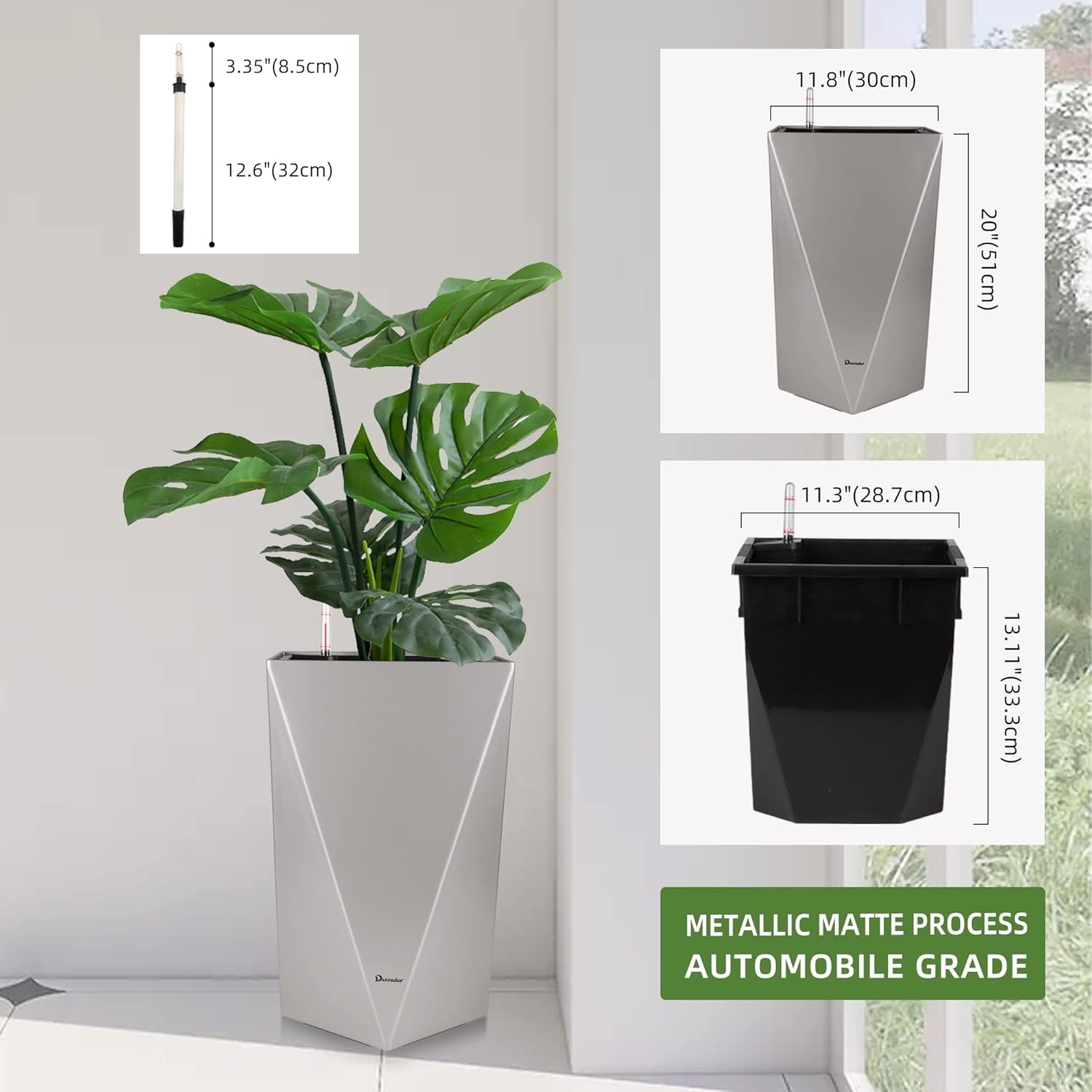 Dexceder 20 Inches Tall Self Watering Planter Diamond Metallic Matte Indoor Outdoor, Thickened