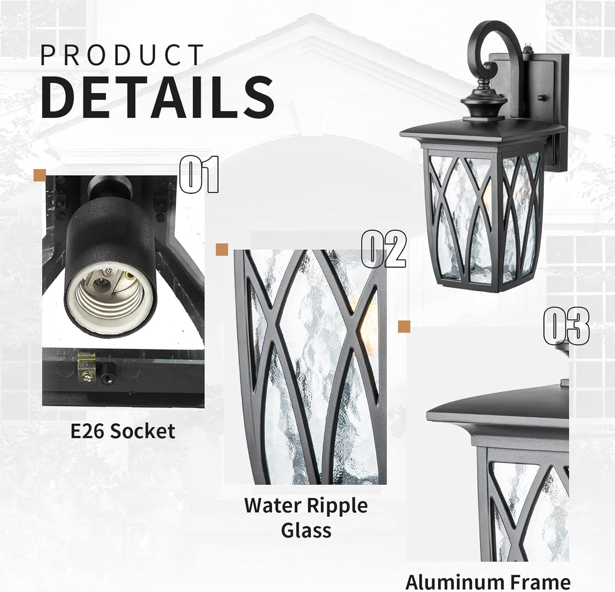 JYZ Dusk to Dawn Outdoor Wall Lantern, Craftsman Style Exterior Sconce Light with Water Ripple