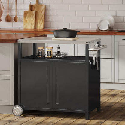 Outdoor Grill Cart with Storage Cabinet Stainless Steel Prep Stand with Storage Cabinet and Wheels