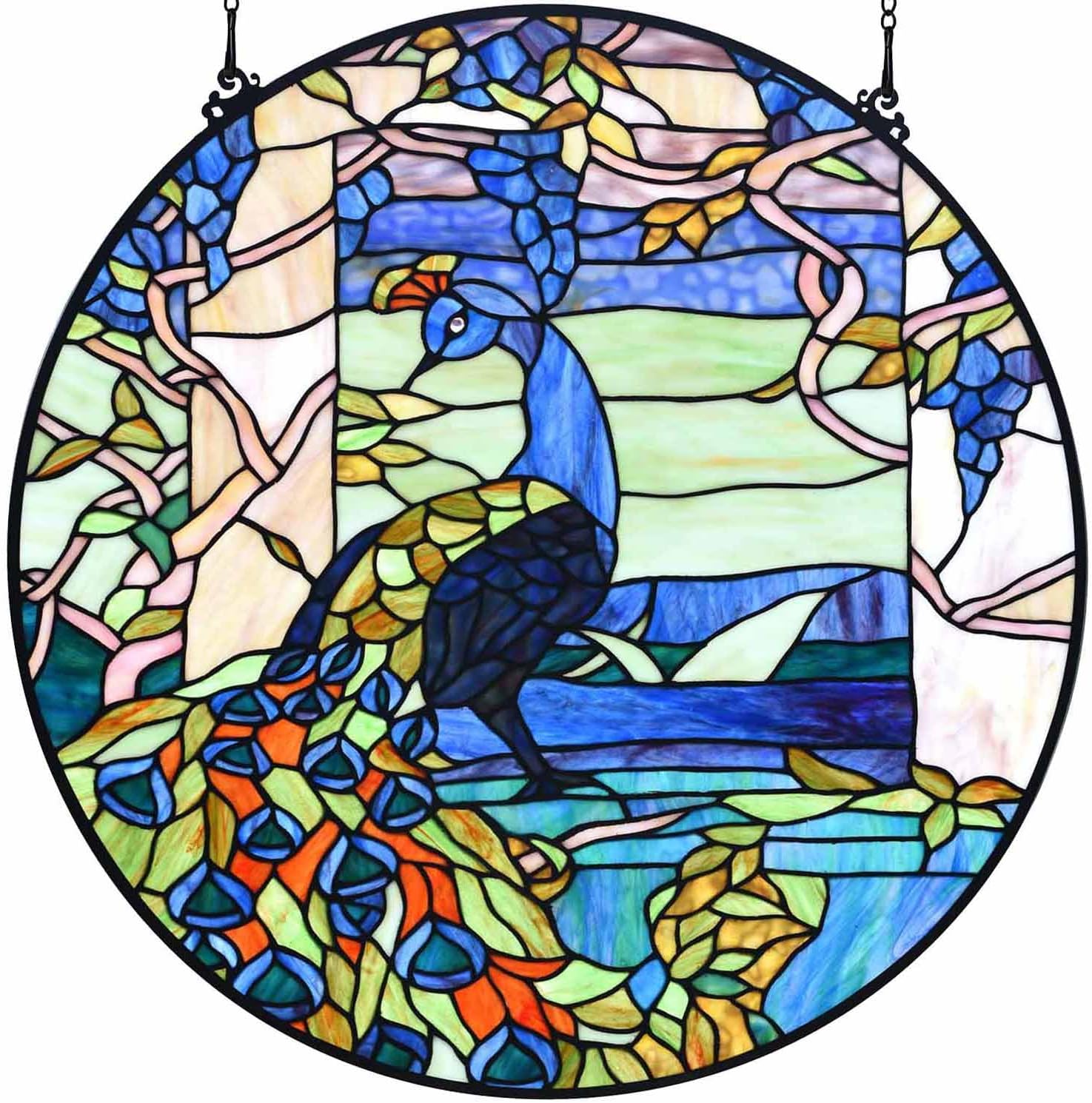 Bieye W10094 Peacock in Garden Tiffany Style Stained Glass Window Panel for Home Decor (Blue, 24"
