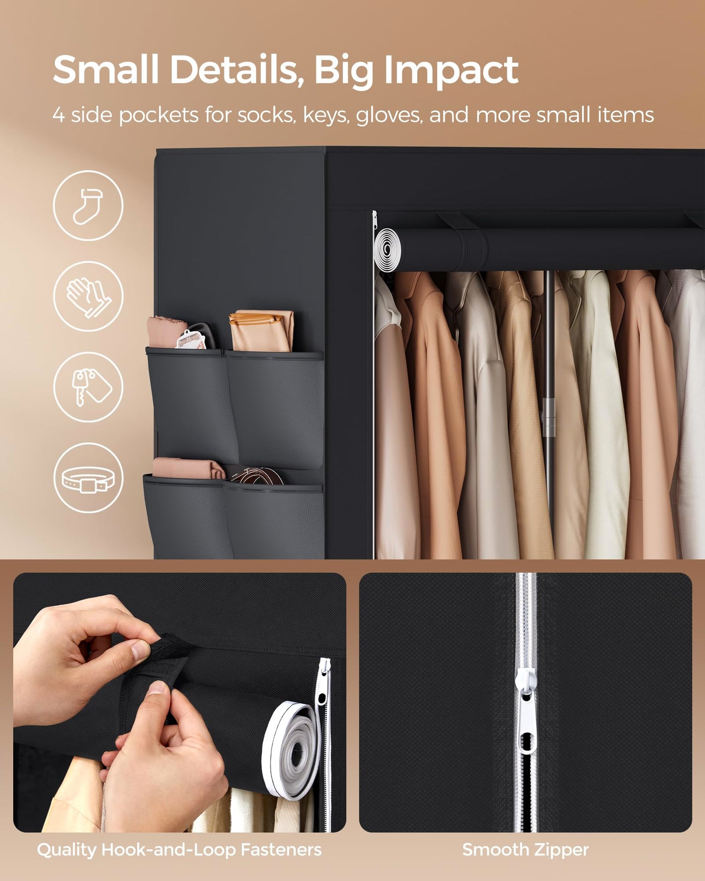 SONGMICS Portable Closet, Wardrobe Closet Organizer with Cover, 4 Hanging Rods and Shelves, 4 Side