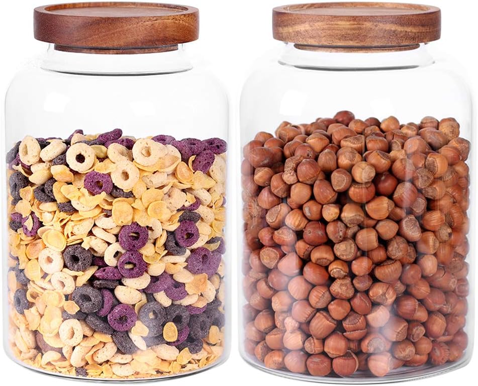 Thicken Glass Storage Jar, Food Storage Container/Canisters with Airtight Wooden Lid for Tea