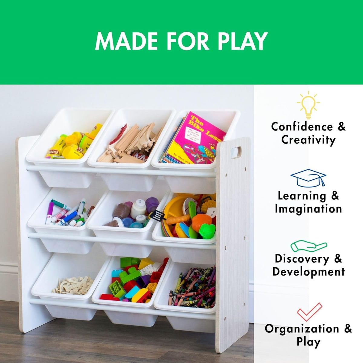 Humble Crew 9-Bin Toy Organizer – Hampton Sandwashed with White Plastic Bins, 3-Tier Storage