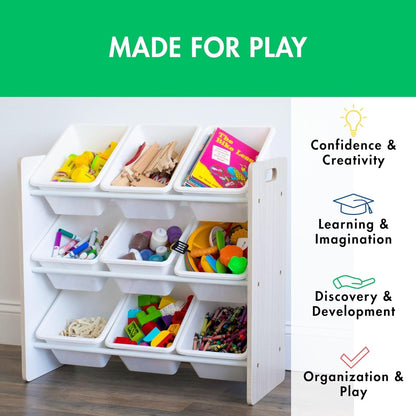 Humble Crew 9-Bin Toy Organizer – Hampton Sandwashed with White Plastic Bins, 3-Tier Storage