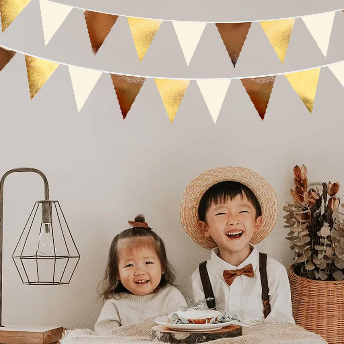 Brown Beige and Gold Party Decorations Fabric Triangle Pennant Banner Flag Bunting Garland for Boho