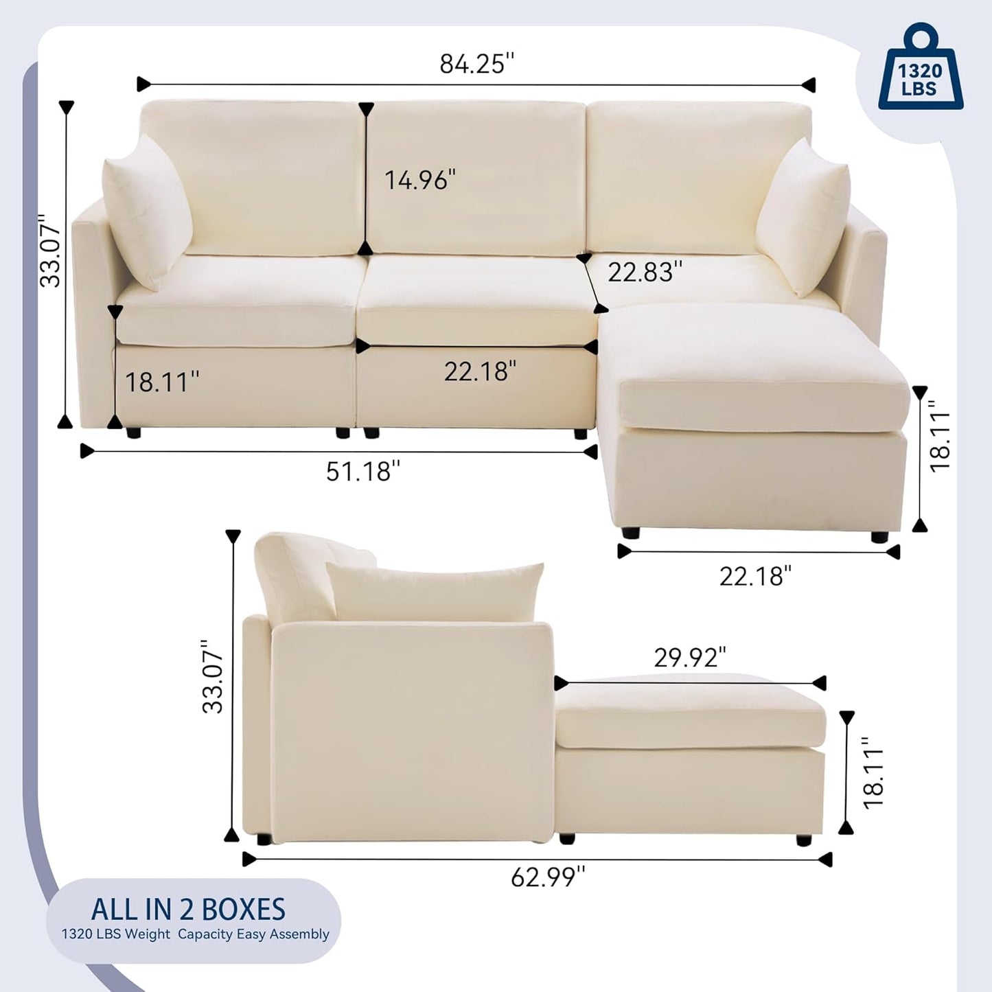 Tbfit 85" Convertible L Shaped Couch, Sectional Sofa for Living Room,Chenille Cloud Couch with