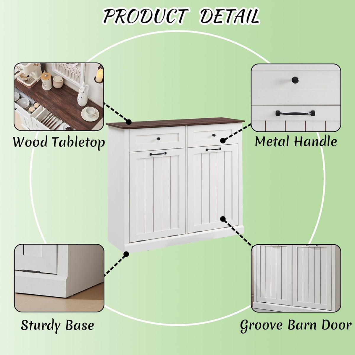 Double Tilt Out Laundry Hamper Cabinet, 20 Gallon Farmhouse Trash Can Cabinet with Drawer, Hidden