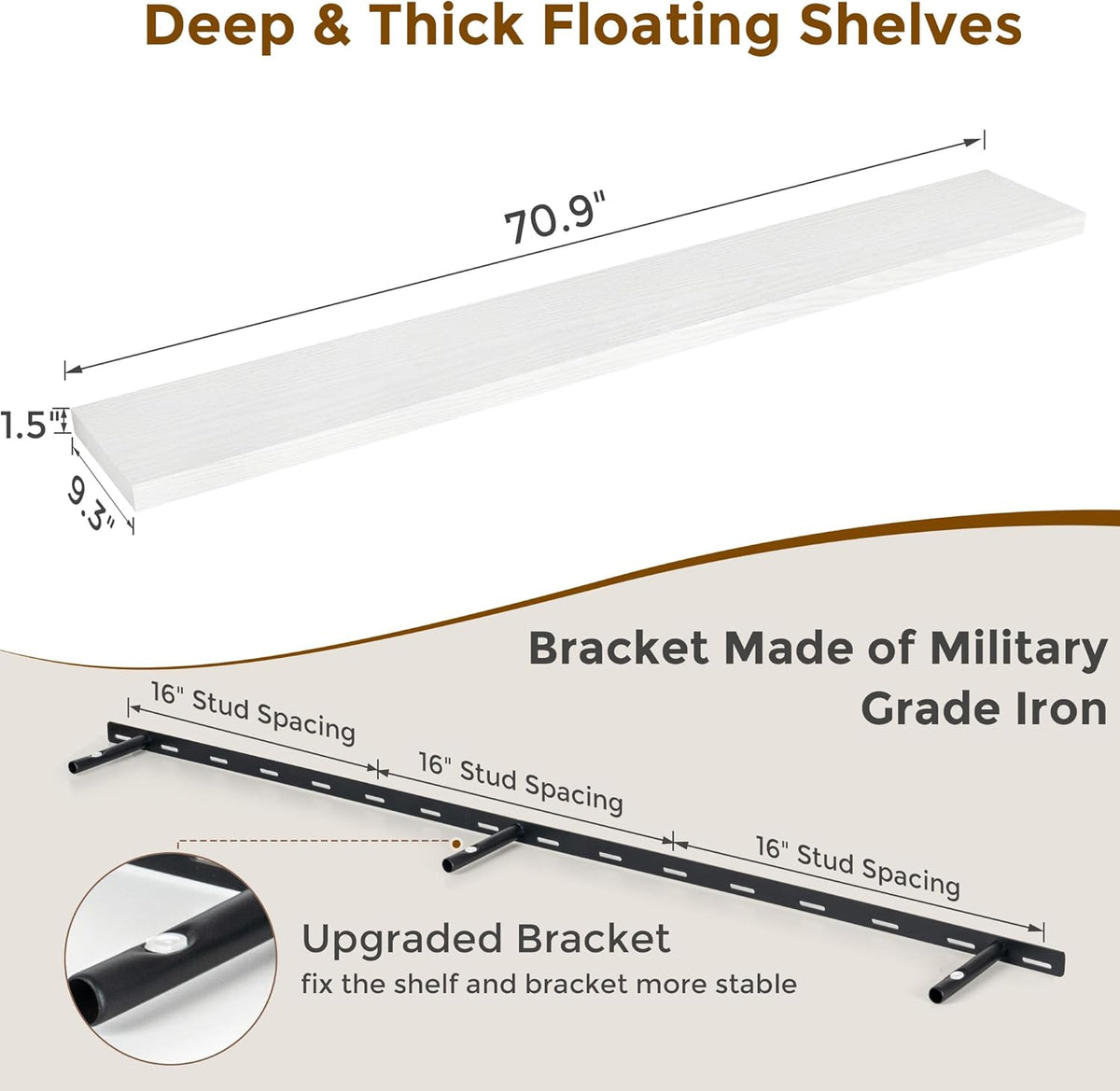 72 Inch Floating Shelves White, 72 x 9 Rustic Wooden Fireplace Mantel, 9 Inch Floating Shelf for