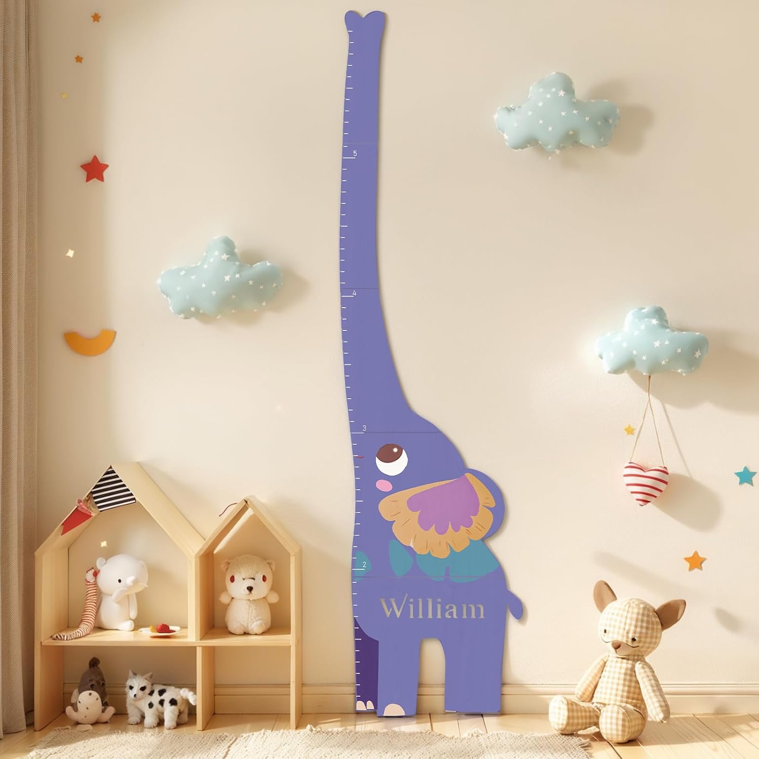 Personalized Name Growth Chart for Kids, Elephant Patchwork Wooden Height Chart for Wall Decor
