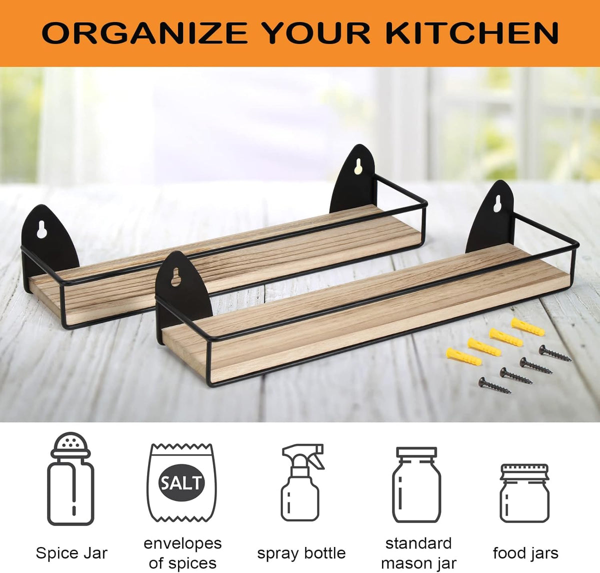 TJ.MOREE 2 Pack Spice Rack Wall Mount Rustic Style Hanging Spice Organizer for Wall, Kitchen Spice