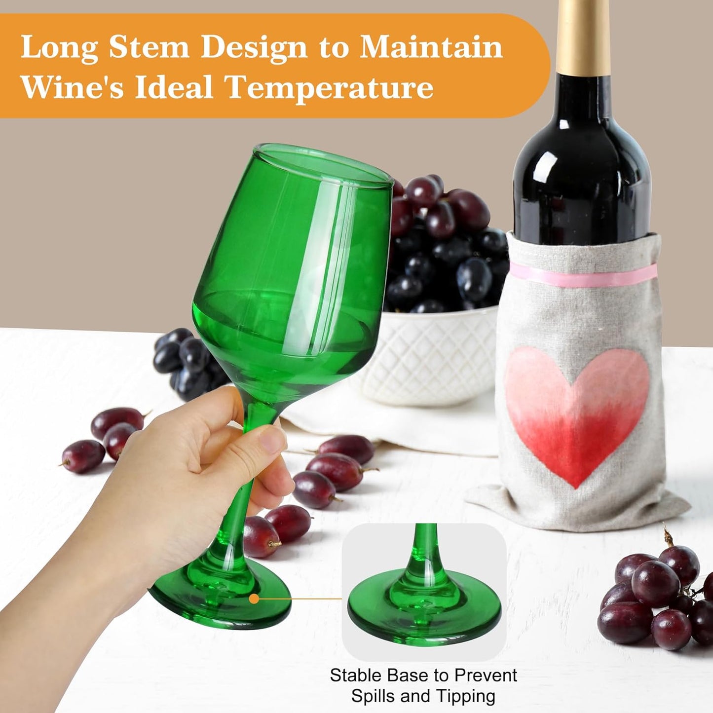 Green Wine Glasses Set of 6-12oz Green Long Stem Wine Glass Cups, Pretty Crystal Glassware, Hand