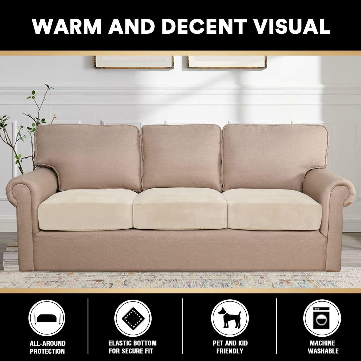 PrinceDeco Sectional Couch Cushion Covers 3 Pieces Velvet Separate Couch Cover Extra Large Stretch
