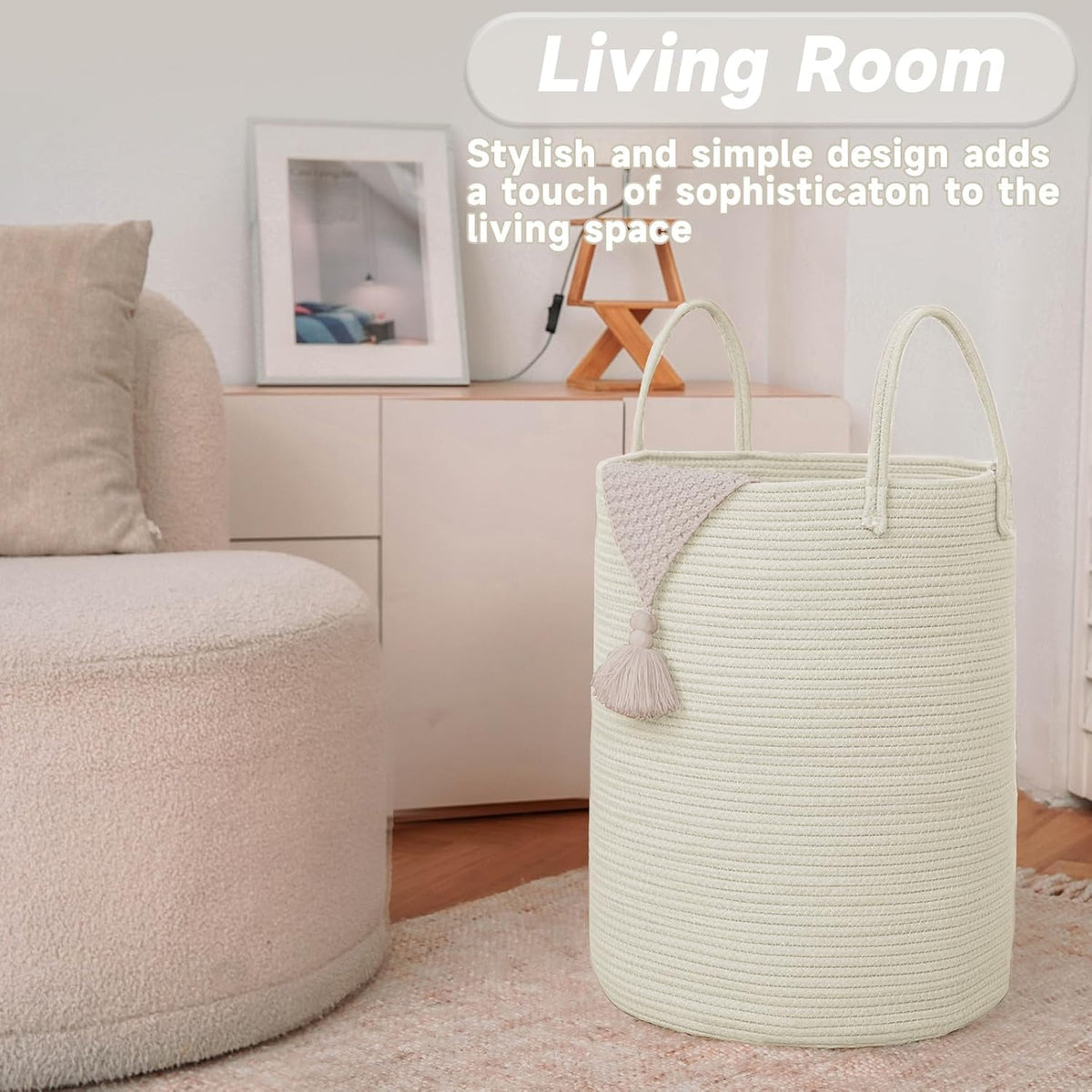 Large Woven Laundry Basket Hamper,60L Cotton Rope Storage Bin for Blankets,Toys and
