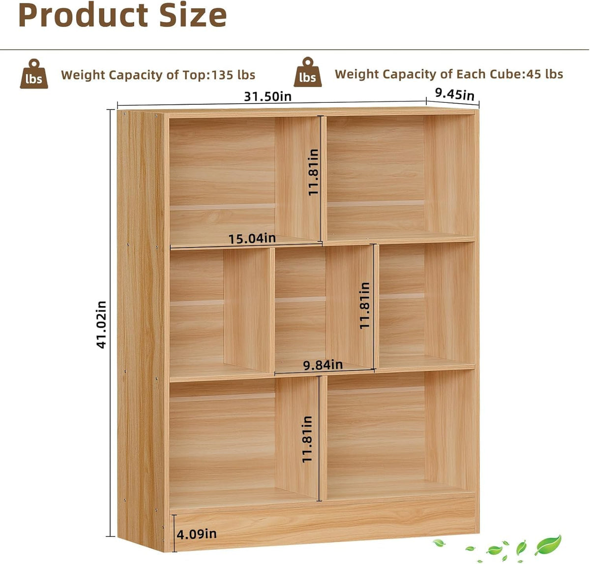 LEYAOYAO 7 Cube Bookshelf with Wood Base,Natural 3 Tier Mid-Century Modern Bookcase,Standing Wide