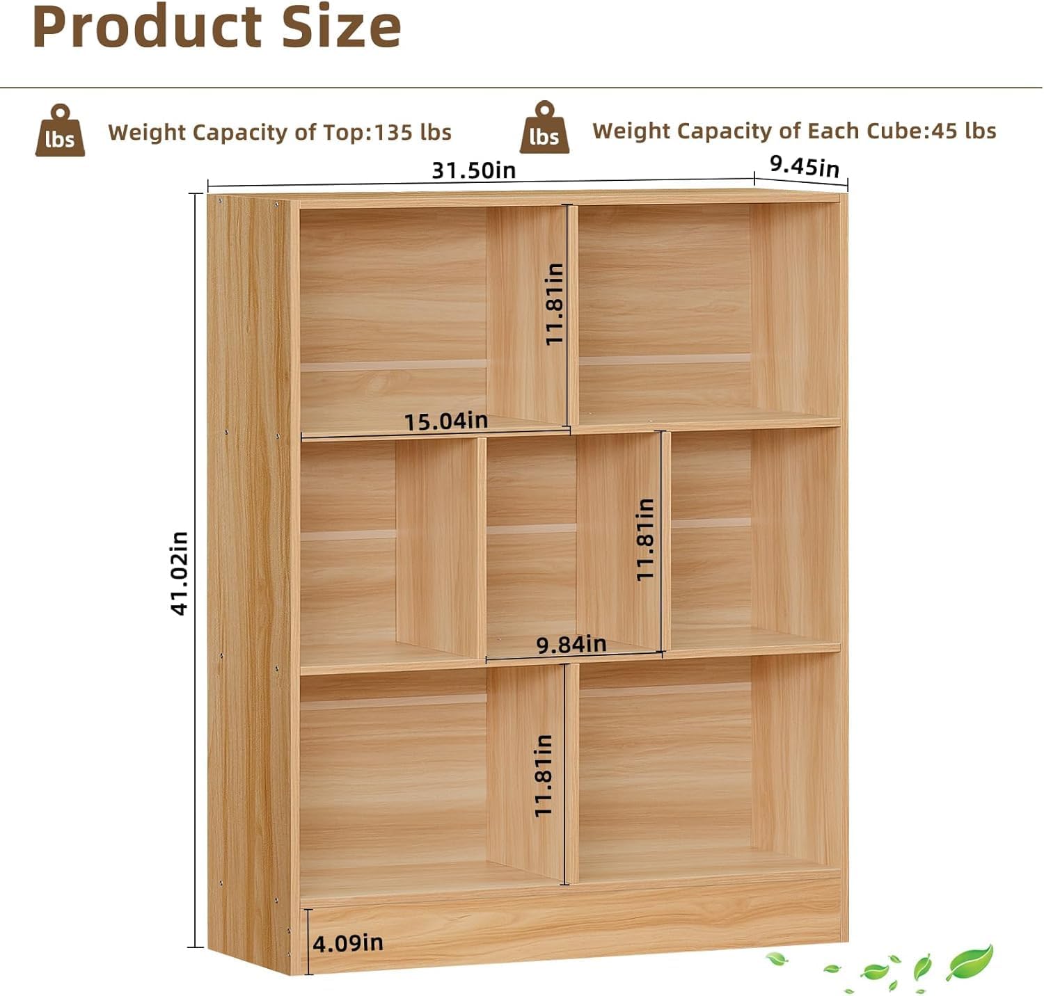 LEYAOYAO 7 Cube Bookshelf with Wood Base,Natural 3 Tier Mid-Century Modern Bookcase,Standing Wide
