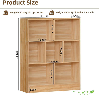 LEYAOYAO 7 Cube Bookshelf with Wood Base,Natural 3 Tier Mid-Century Modern Bookcase,Standing Wide