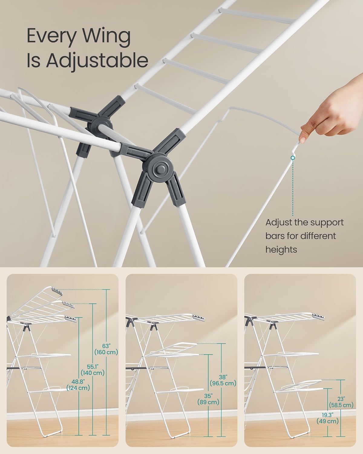 SONGMICS Clothes Drying Rack, Foldable 3-Level Laundry Rack, Free-Standing Large Drying Rack, with