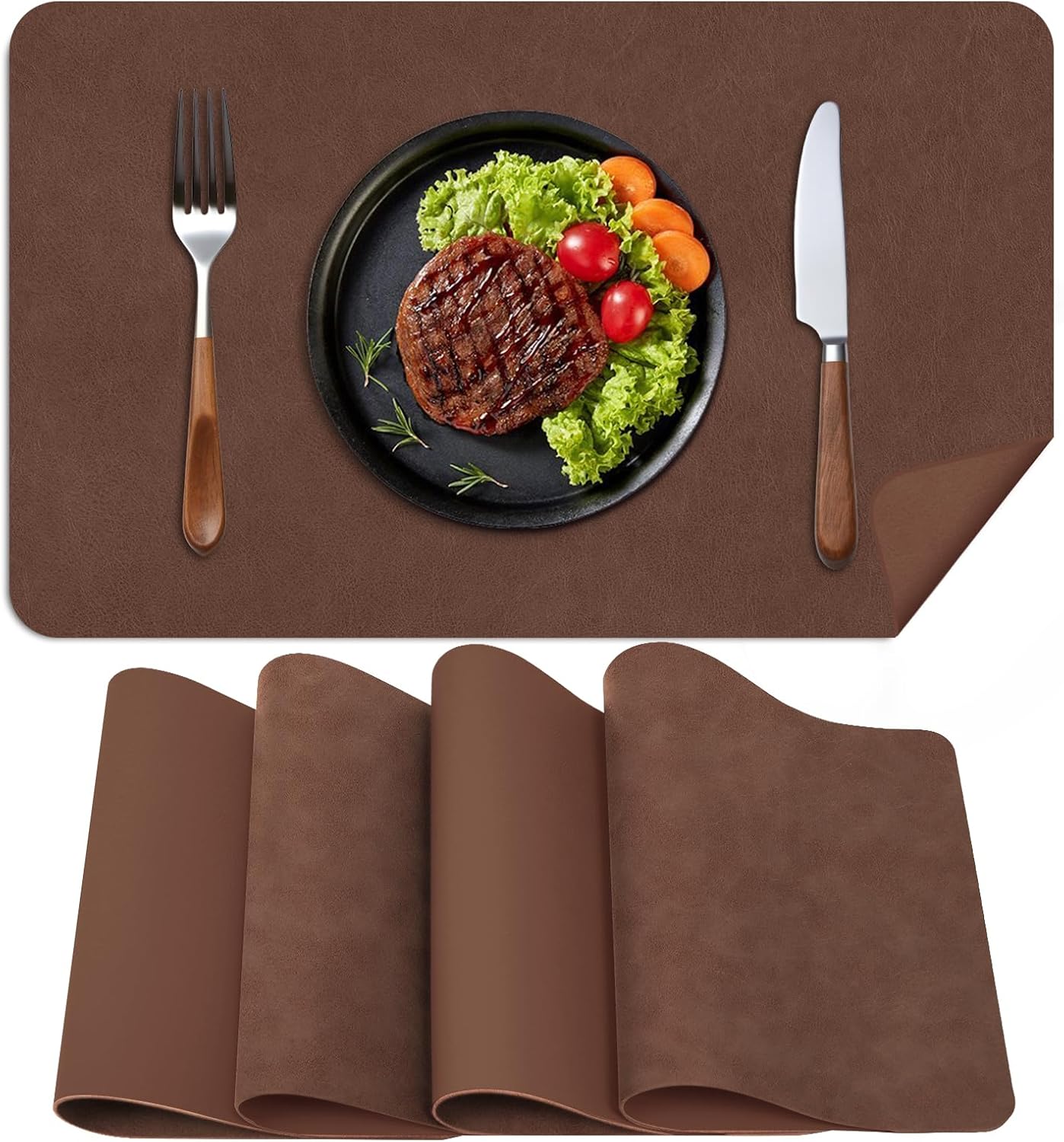 Faux Leather Placemats, Set of 4, 12''×17' Textures on Both Sides, Heat-Resistant, Waterproof and