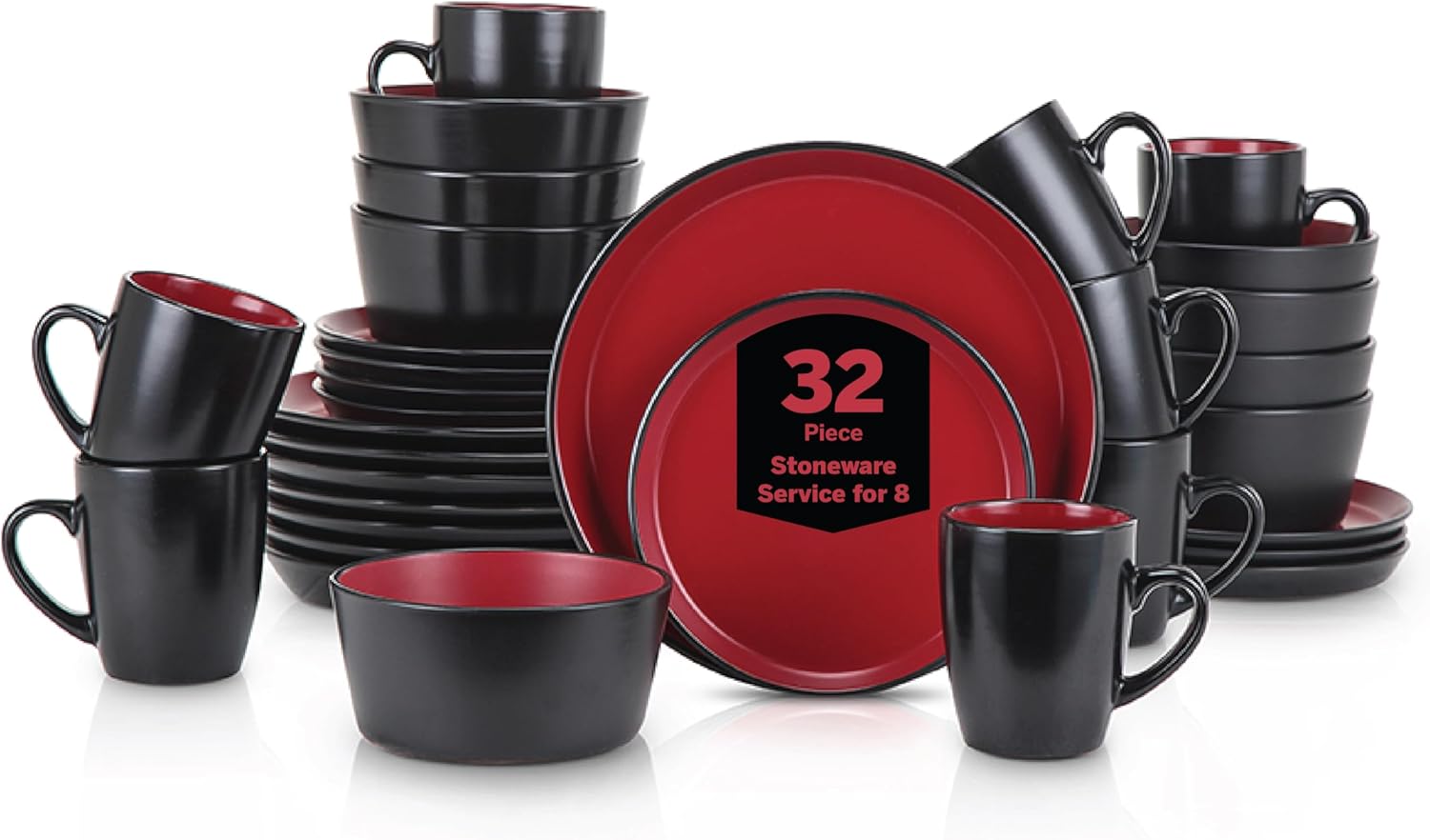 Stone Lain Albie Stoneware 32 Piece Dinnerware Set, Plates and Bowls Sets, Dish Set for 8, Red and