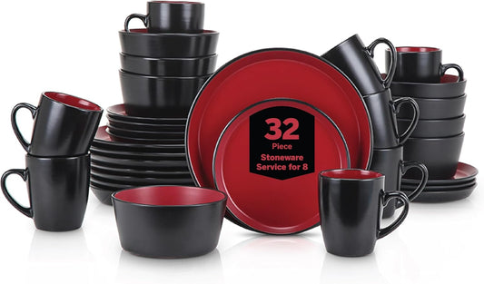 Stone Lain Albie Stoneware 32 Piece Dinnerware Set, Plates and Bowls Sets, Dish Set for 8, Red and