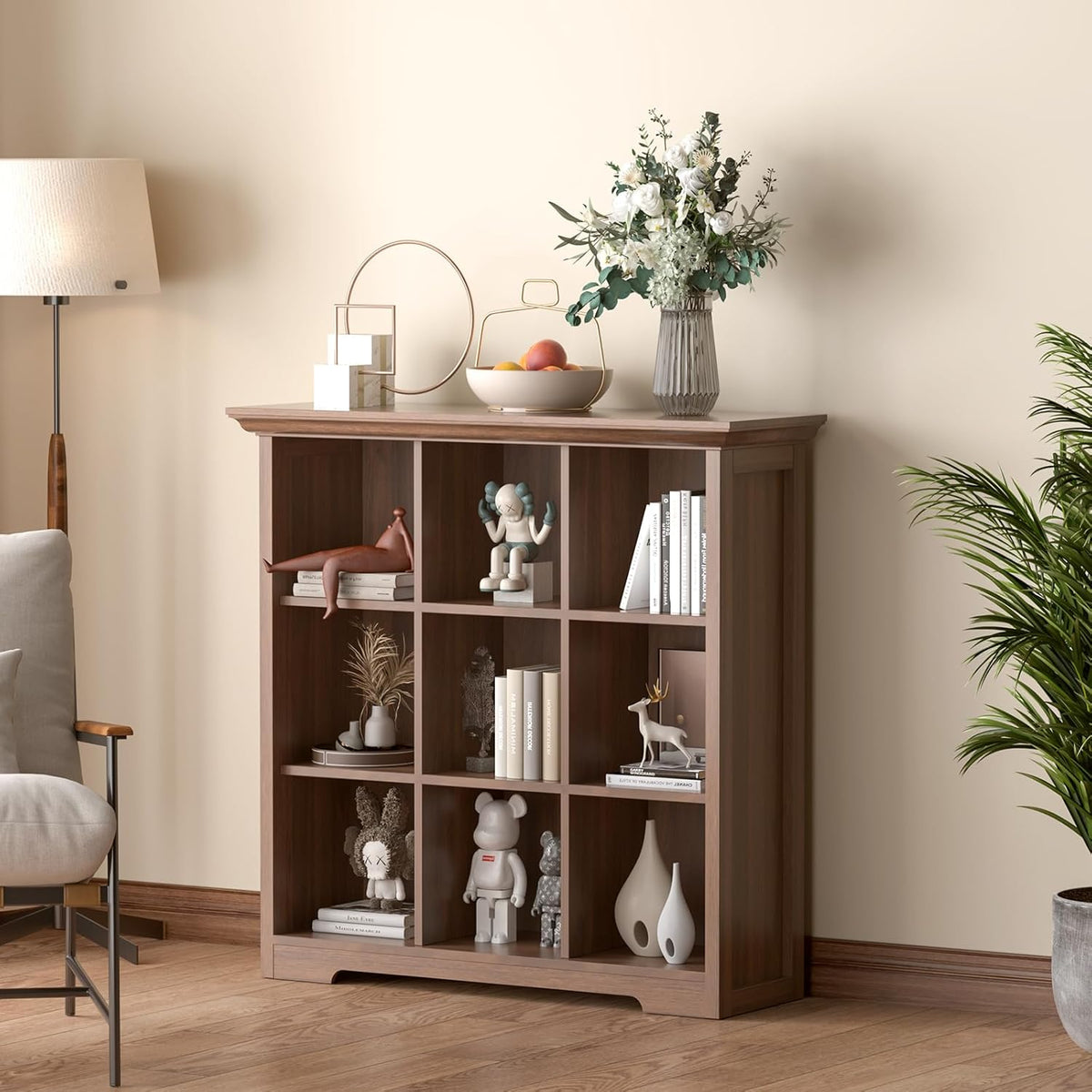 Cube Shelf Bookcase with Base - Wooden 3 Tiers Floor Standing Low Storage Cabinet for Home and