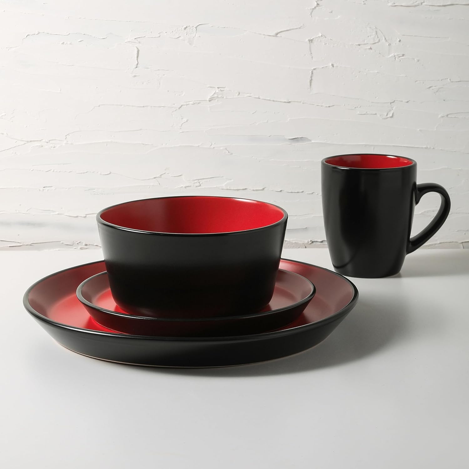 Stone Lain Albie Stoneware 32 Piece Dinnerware Set, Plates and Bowls Sets, Dish Set for 8, Red and