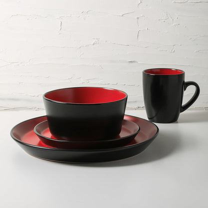 Stone Lain Albie Stoneware 32 Piece Dinnerware Set, Plates and Bowls Sets, Dish Set for 8, Red and